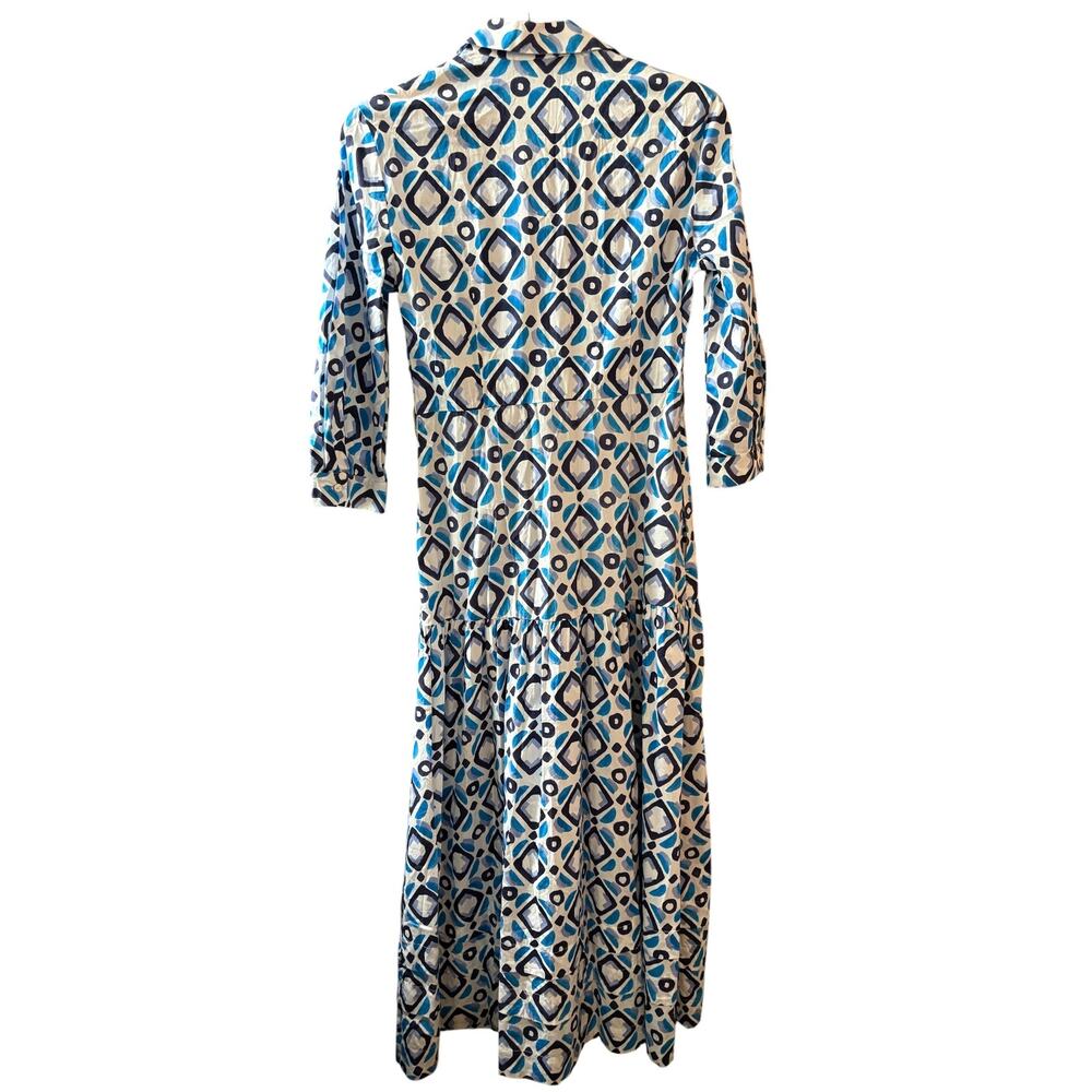 Marella Future Cotton Blue Geometric Belted Shirt Midi Dress - Picture 3 of 15